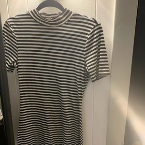 Black and white striped stretchy high neck dress